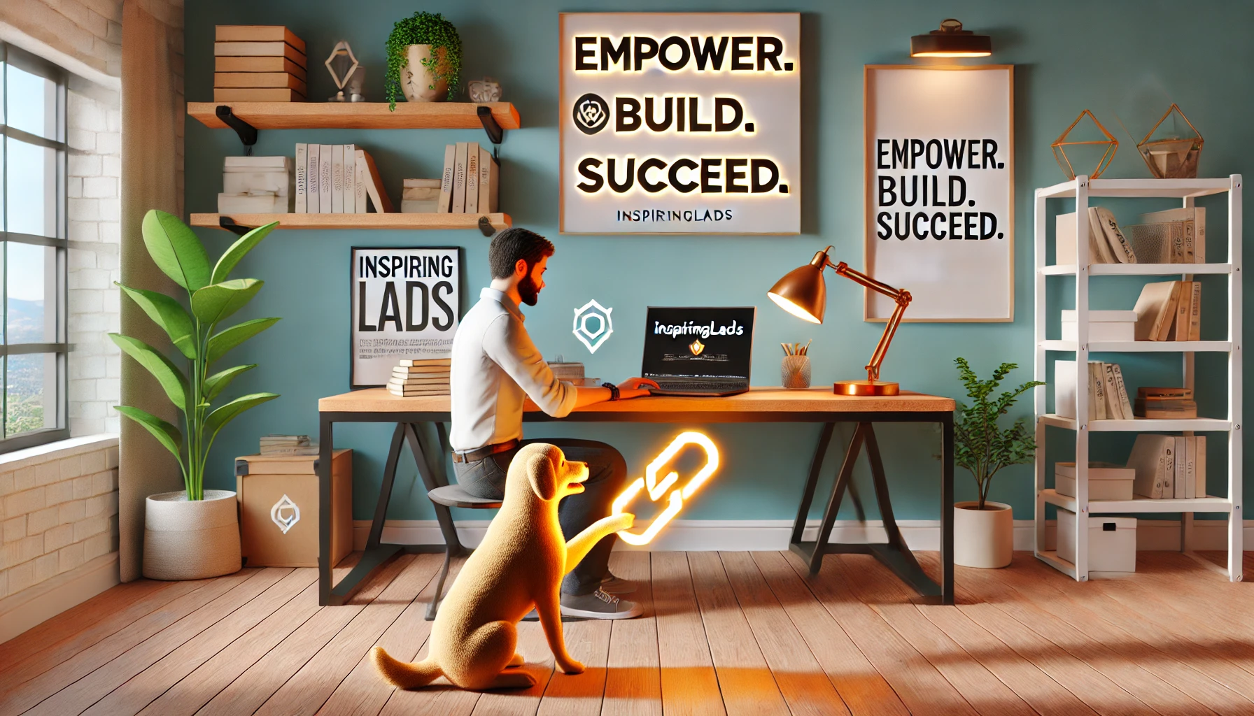 3D workspace with InspiringLADS branding, a desk setup, and a dog holding a glowing link icon